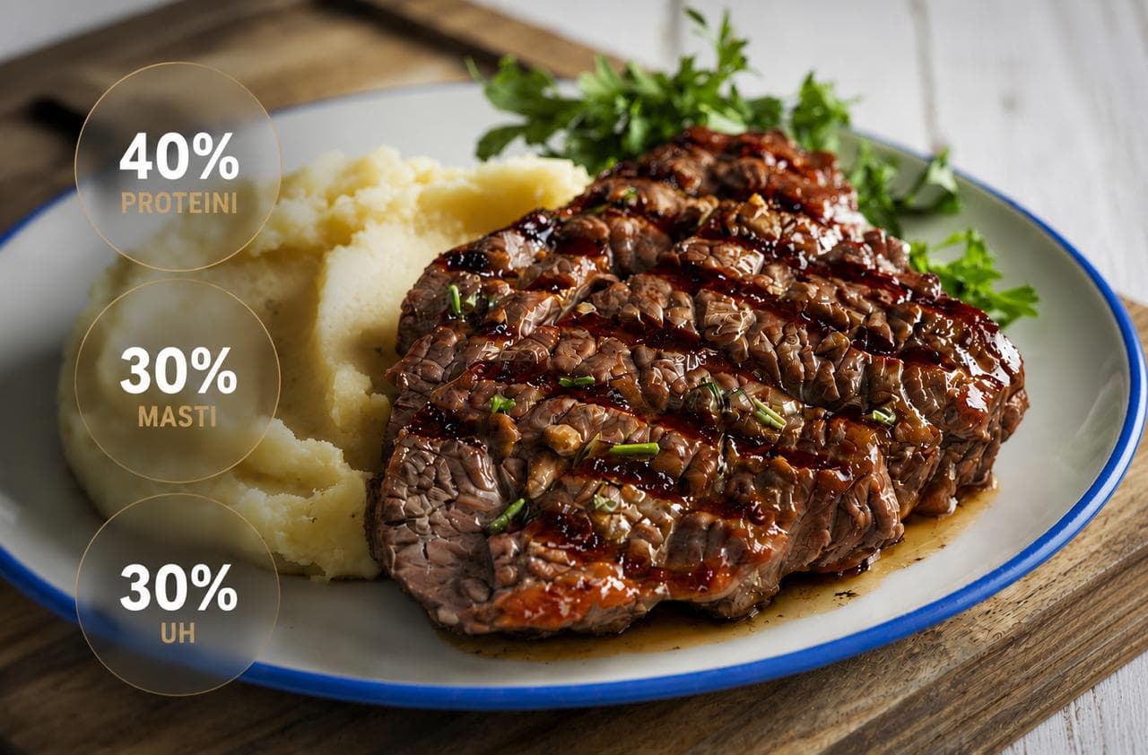 Tanjir sa odrezkom i pireom iz plana ishrane: 40% proteini, 30% masti, 30% ugljeni hidrati